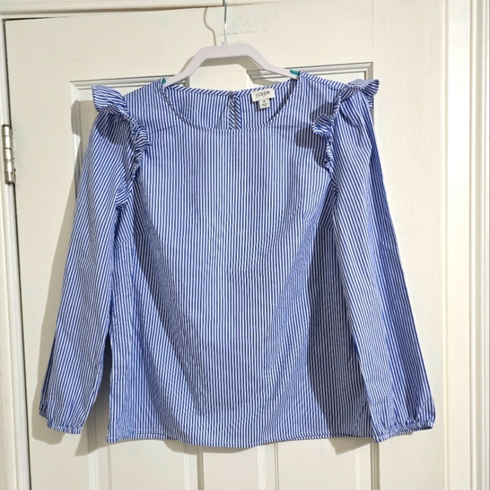 J. Crew Blue and White Striped Ruffle Shoulder Blouse